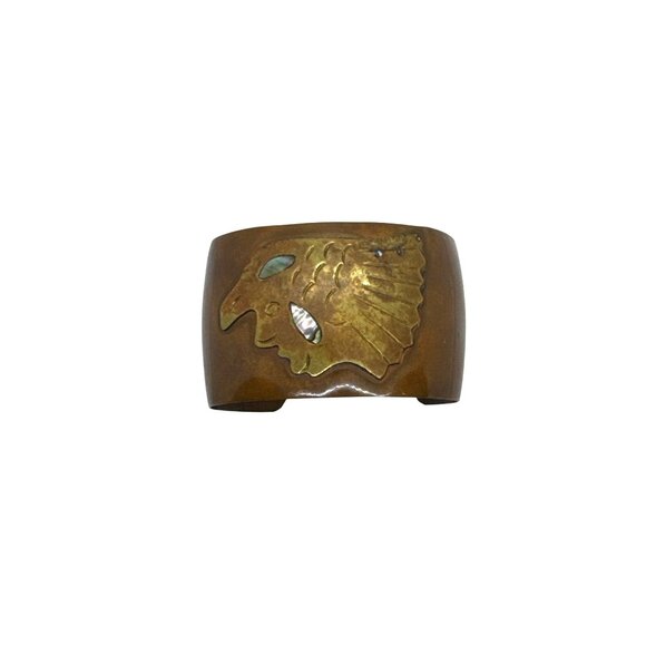 Vintage Mexican Copper Brass Cuff Bracelet Eagle Design Abalone Inlay Boho - Picture 2 of 6